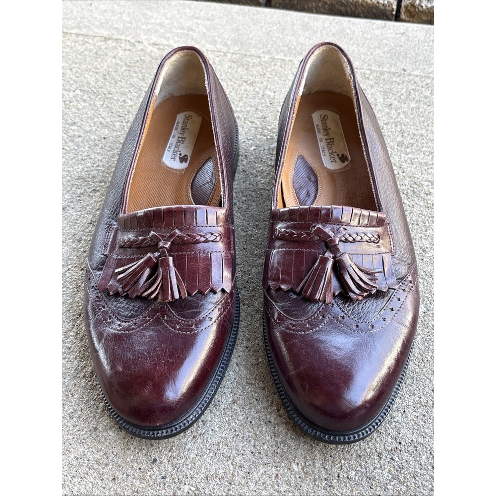 Stanley Blacker Burgundy Leather Slip On Tassel Shoes 9M Wing Tip Old Money